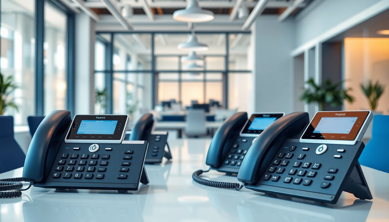 Showcasing business telephone systems in a modern office with VoIP setups.