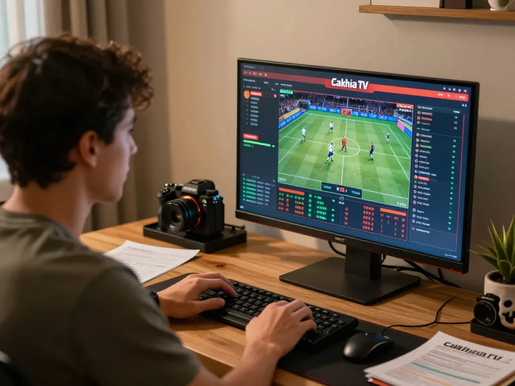 Cakhia TV user engaged in strategic online sports betting at home, showcasing live odds and focused gameplay.