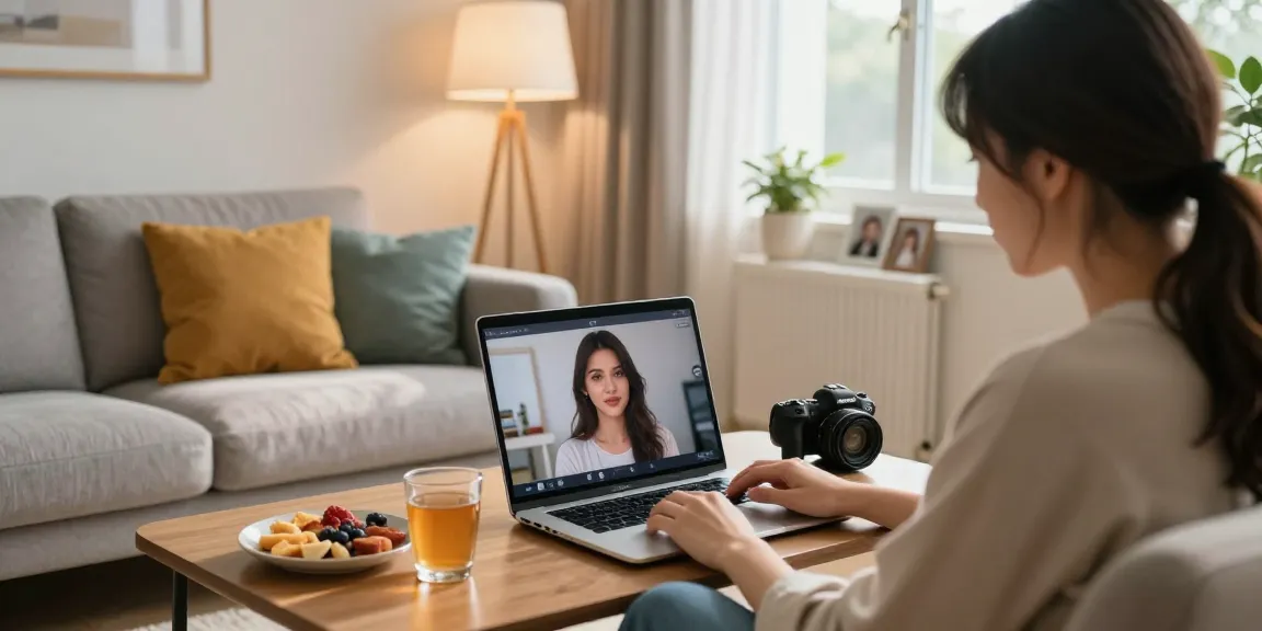 Engaging with an AI girlfriend on a laptop in a cozy living room setting, showcasing digital companionship.