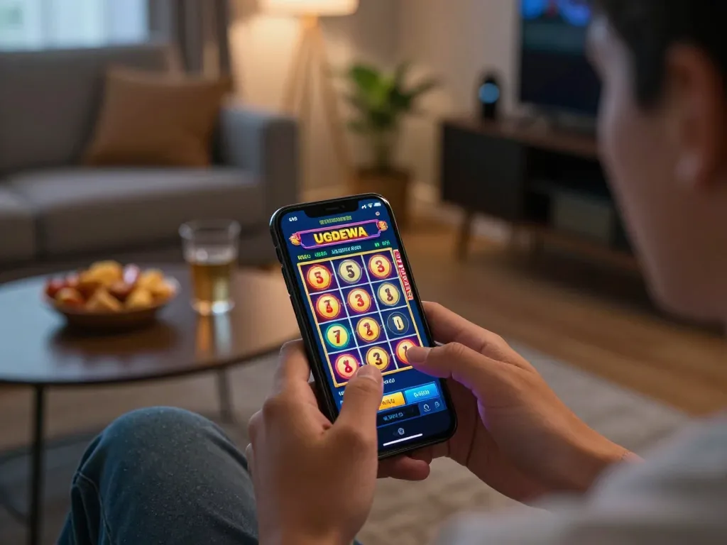 Experience thrilling gameplay on UGDEWA's slot app with winning reels displayed on a smartphone in a cozy home setup.