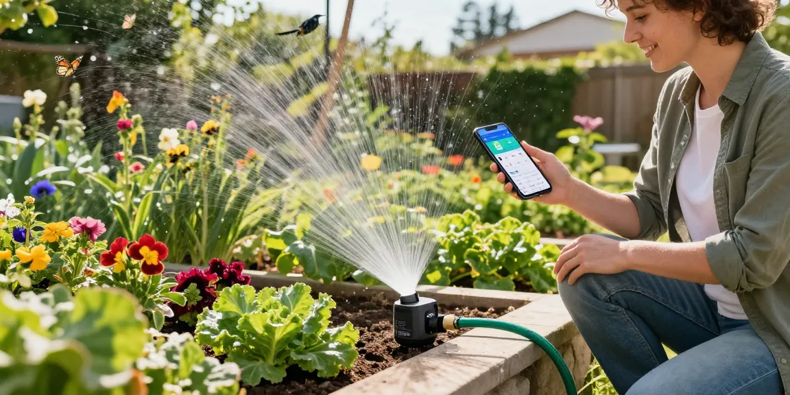 Person using a rainpoint wifi water timer in a vibrant home garden, adjusting app settings while managing their plants.