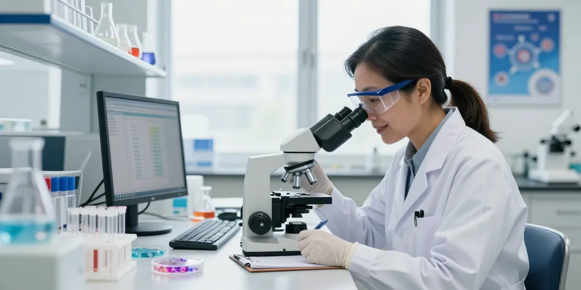 Laboratory researcher studying TB-500 research peptides under microscope, examining health benefits in a bright lab environment.