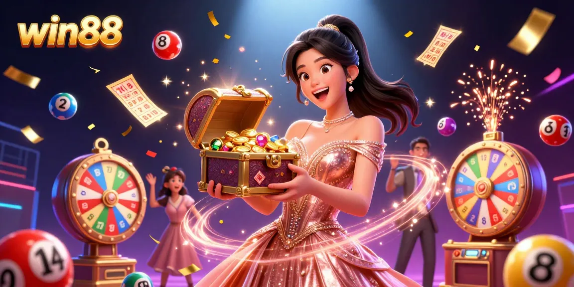 Engage with win88's vibrant lottery scene featuring a joyful Asian woman showcasing treasures amidst dynamic game elements.