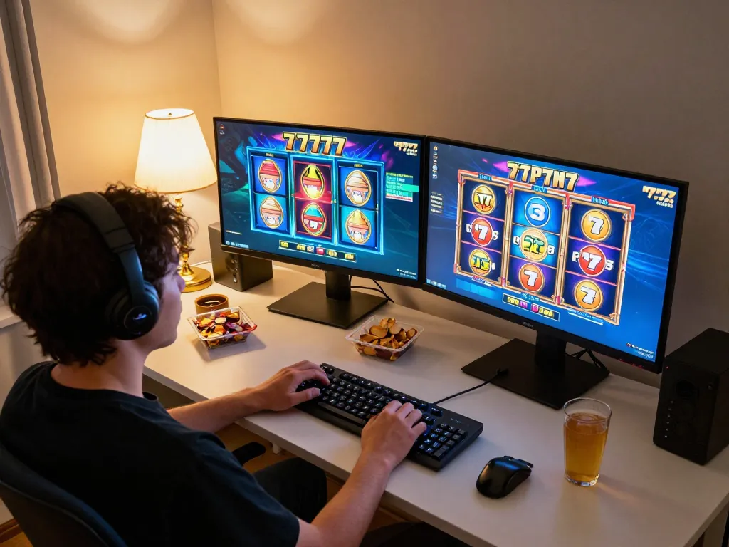 Engaging in slot777 online gameplay on dual monitors at home.