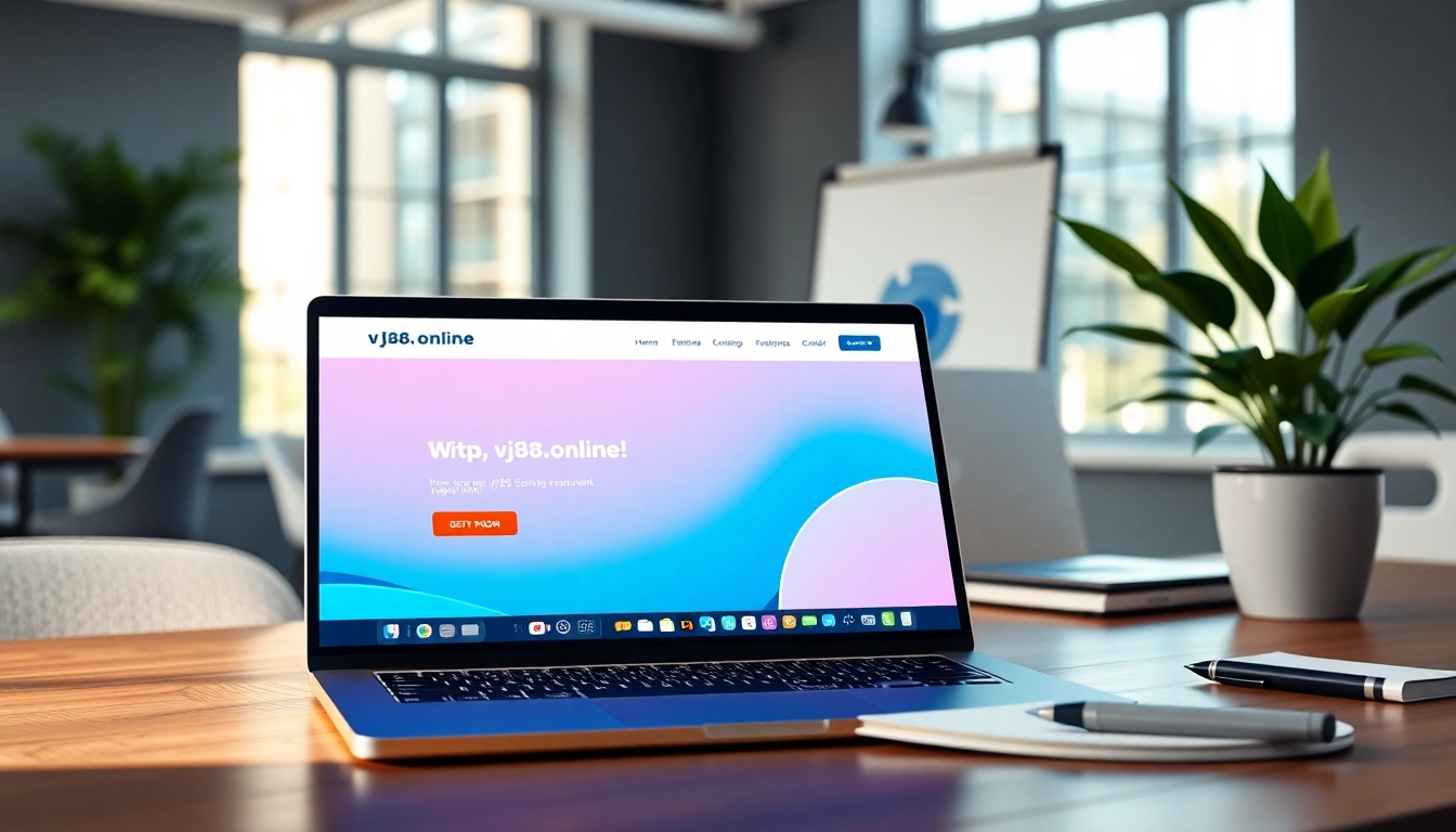 Design interface of https://vj88.online/ displayed on a laptop screen in a vibrant office setting.