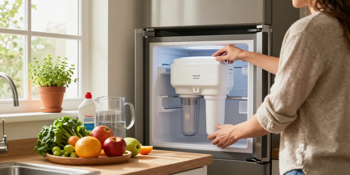 Homeowner replacing Waterdrop WF401 Replacement for Amana® Clean N Clear WF401 water filter in a bright kitchen.