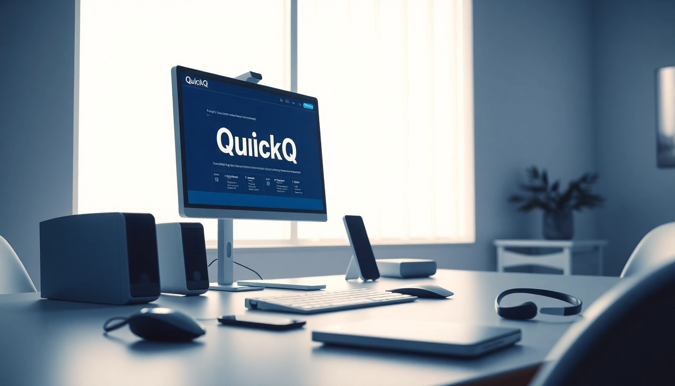 在现代工作区计算机上显示的 QuickQ 应用界面，展示无缝连接与创新。