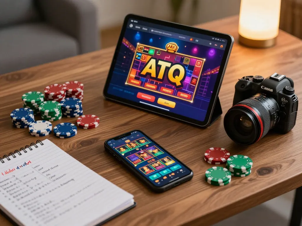 Engaging online gaming setup showcasing the ATQ casino app on a tablet, inviting atmosphere with poker chips and strategy notes.
