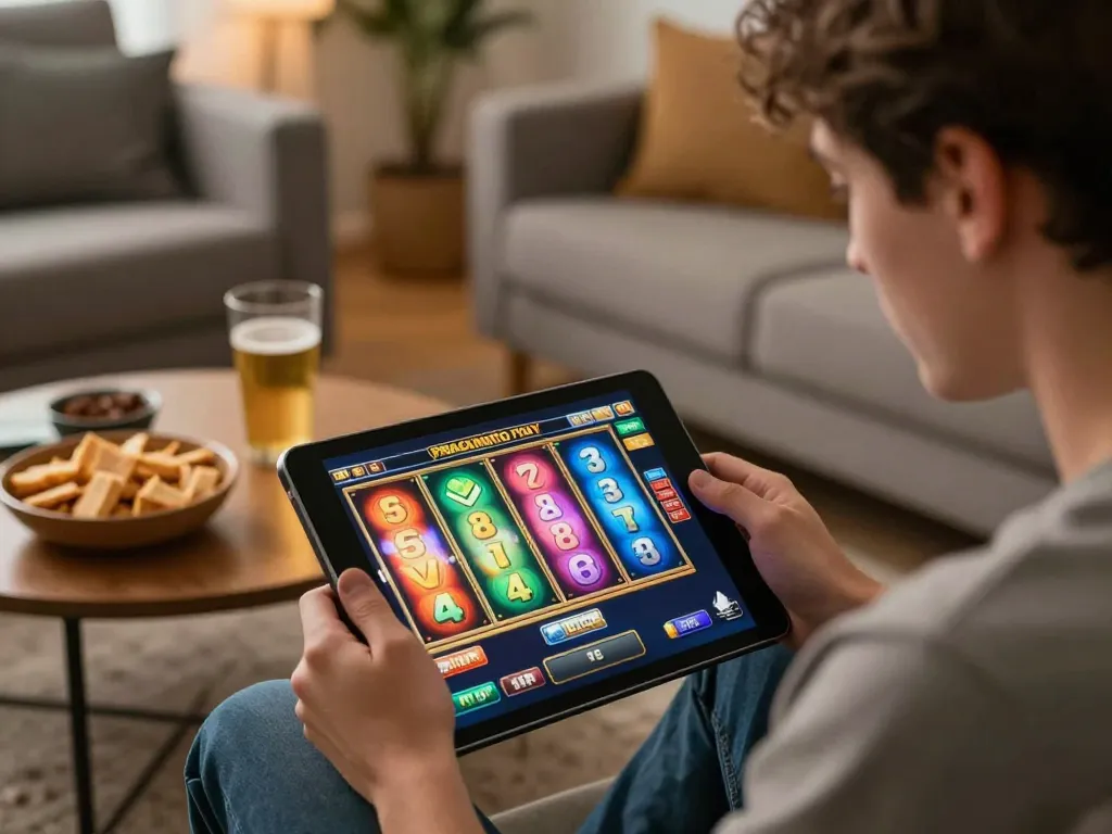 Engaging in a demo slot pragmatic game on a tablet, vibrant home gaming atmosphere.