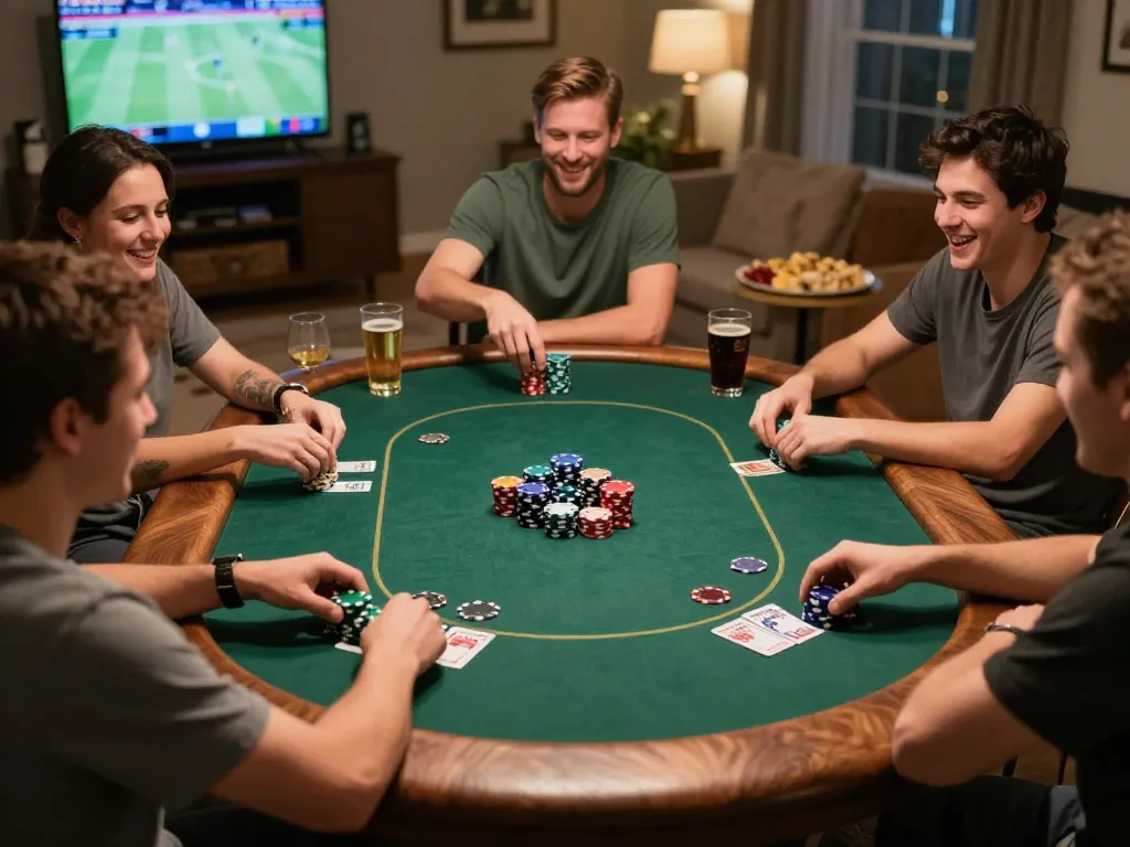 Friends enjoying a poker game night at home, capturing the excitement of iwin 68 gaming.