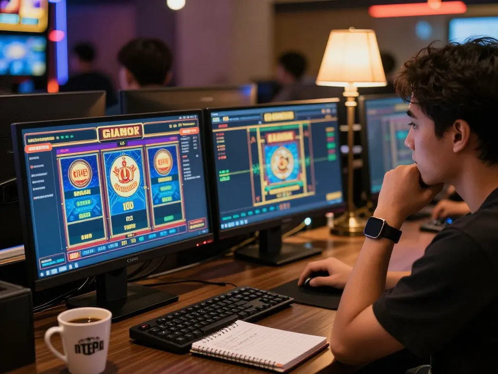 Player engaging with slot gacor games on dual monitors, highlighting online casino excitement.