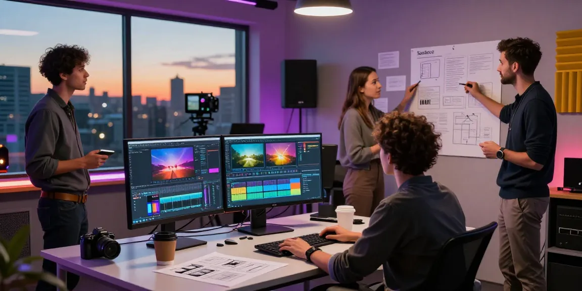 Dynamic team collaboration using seedance ai video generator in a modern studio.