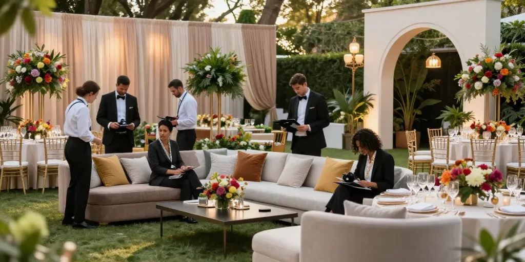 Stylish event furniture rental setup with elegant lounge seating and floral arrangements in a luxurious garden venue.