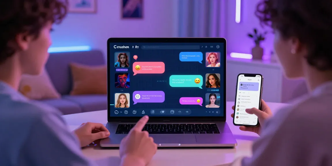 Interactive user engaging with nsfw chat ai in a cozy virtual setup, showcasing character selections and vibrant chat interface.