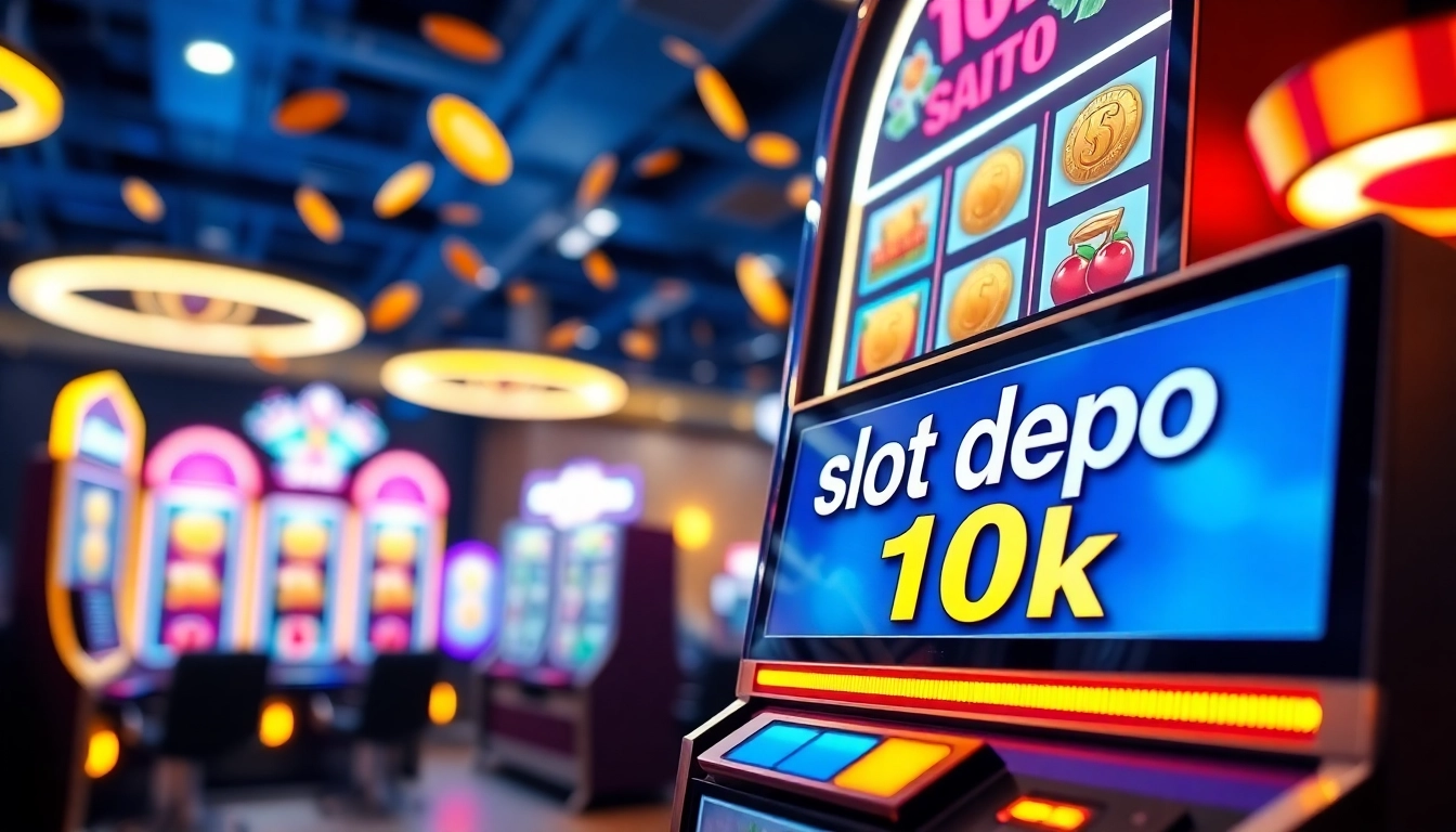 Menggambarkan slot depo 10k dengan tampilan antarmuka yang menarik dan lingkungan kasino virtual.