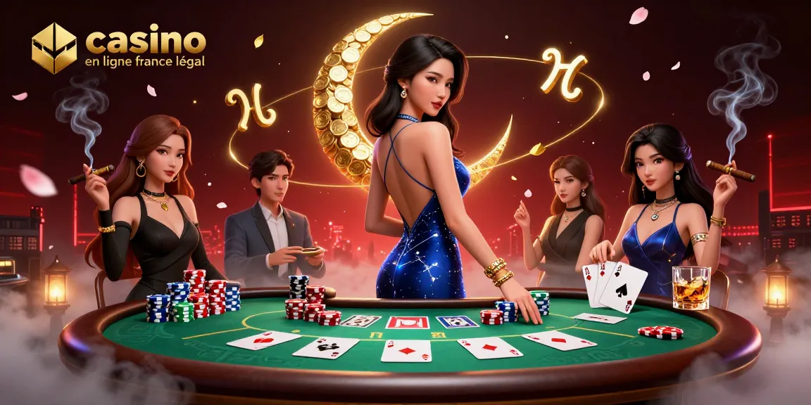 Interagissez avec casino en ligne France légal dans une scène illustrée dynamique mettant en avant des éléments de poker et un personnage élégant.