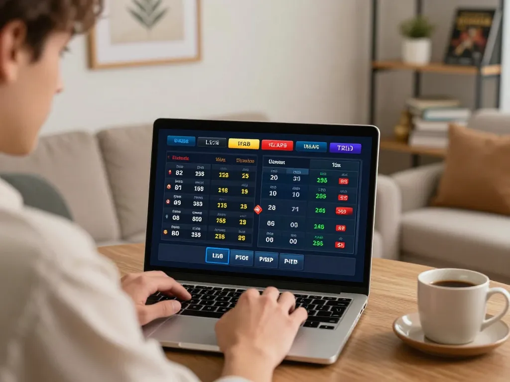 Player analyzing situs togel betting options on laptop in a cozy home setting