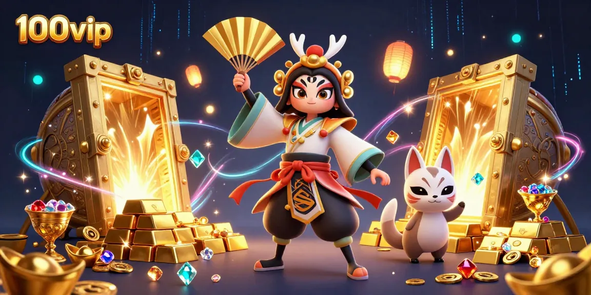 100vip captures thrilling casino excitement with a kabuki warrior and magical treasures.