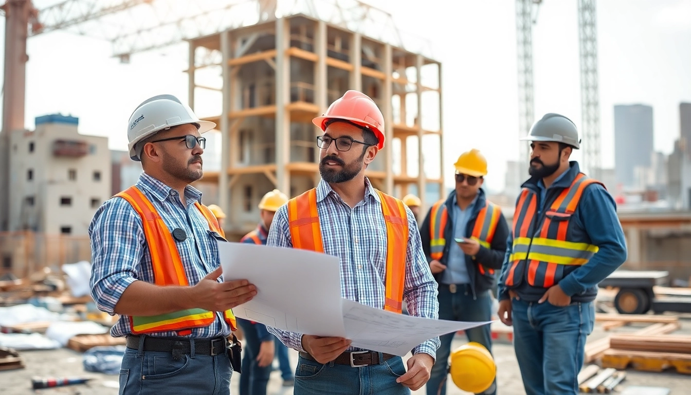 Manhattan General Contractor discussing plans on a busy construction site with workers.