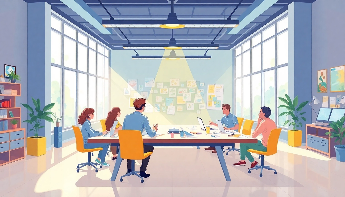 Animationsagentur team actively collaborating in bright creative studio environment.