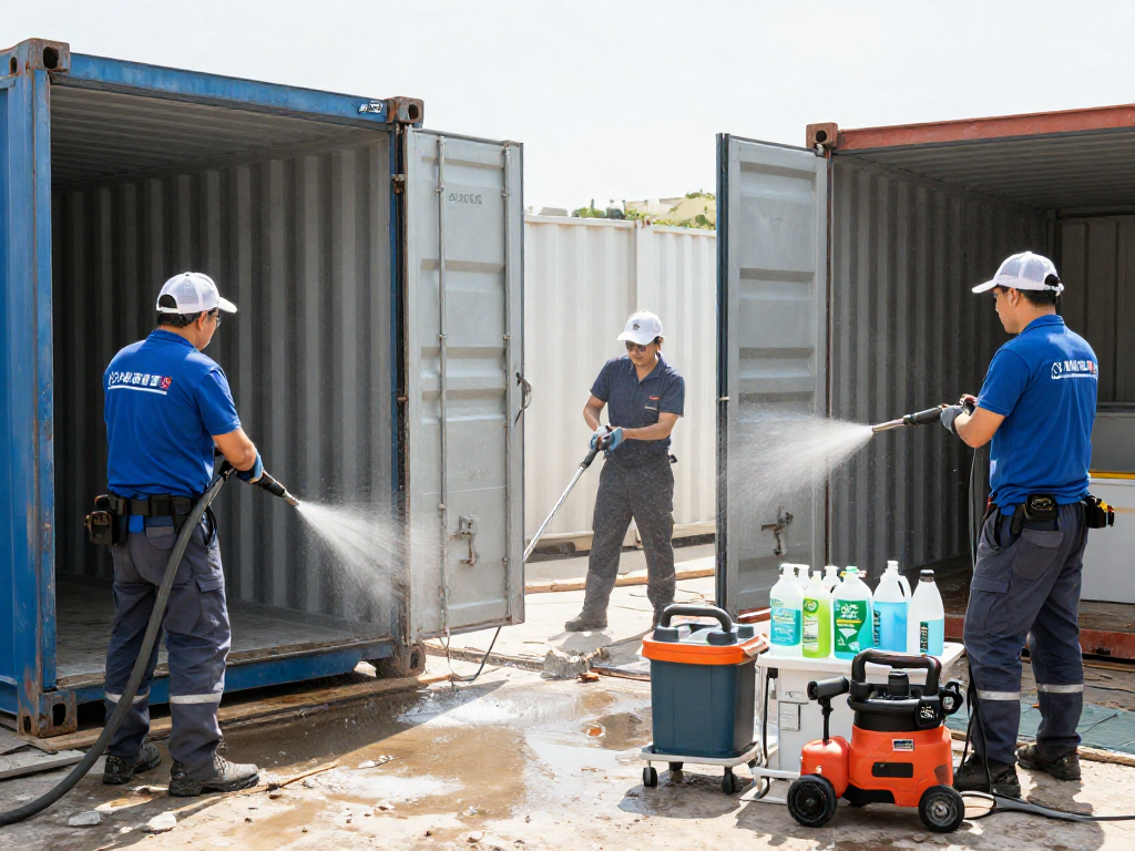 Containerreinigung auf einer Baustelle: Ein Team reinigt professionelle Container für Hygiene und Sauberkeit.