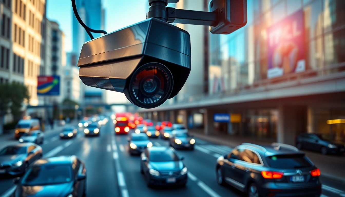 Automatic license plate recognition system capturing vehicle registration details in a busy urban environment.