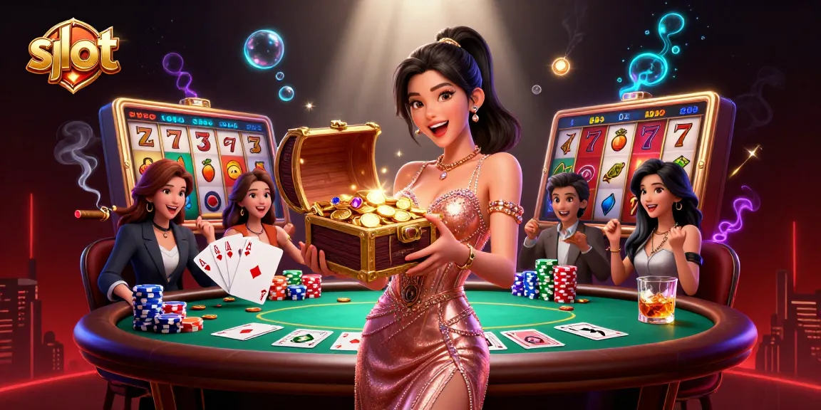 Spin the slot reels with a joyful Asian woman showcasing treasures in a vivid casino scene