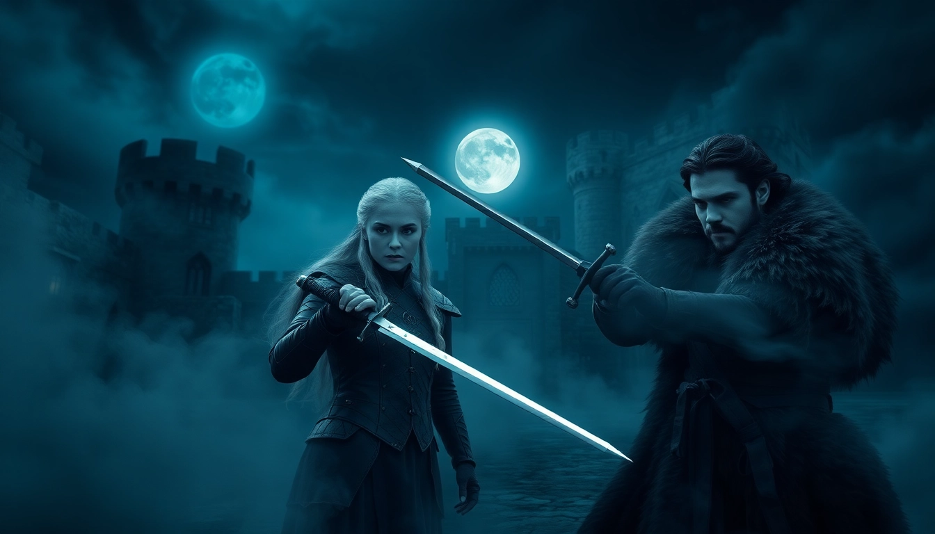 Showcasing the game of thrones cast in an intense standoff within a mystical castle setting.