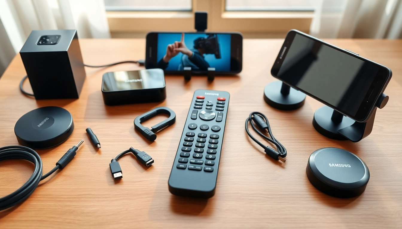 Die Samsung Fernbedienung MU liegt neben anderen TV-Zubehörteilen auf einem Holztisch.