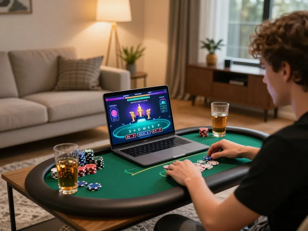 Engaged user playing ดูหนังออนไลน์ on an online poker game, creating an immersive gaming atmosphere at home.