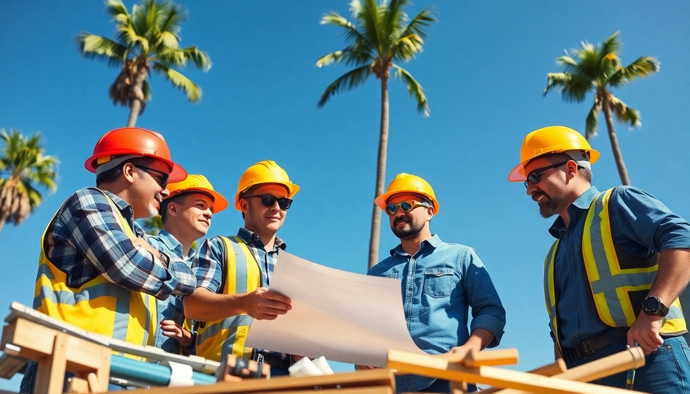 Builders representing the southern california contractors association collaborating on-site with blueprints and tools.