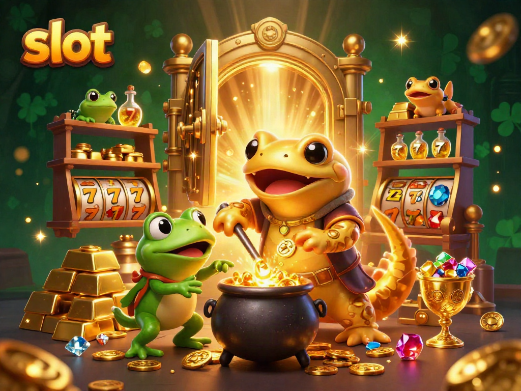 Spin the slots with vibrant symbols alongside alchemical treasures in this captivating 3D scene.