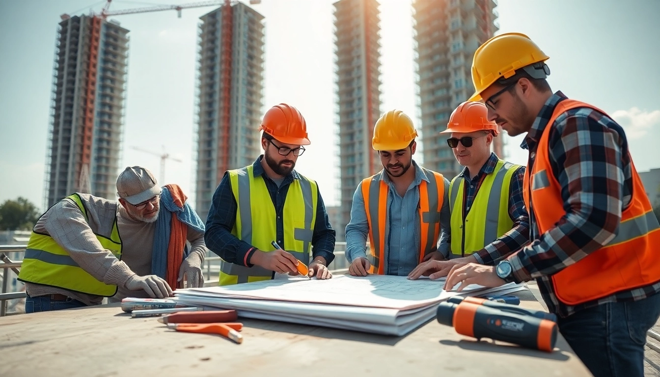 Professionals engaged in construction workforce development on-site, collaborating with blueprints and tools.