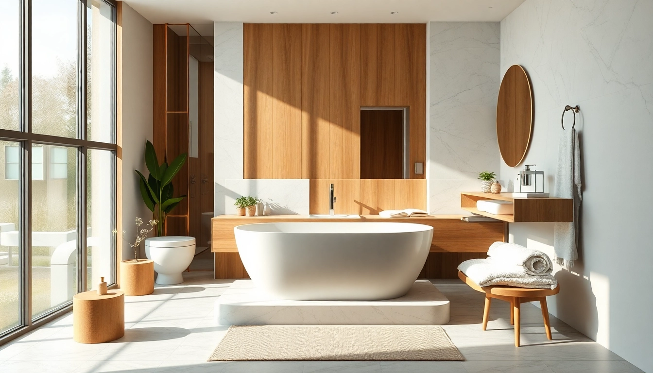 Vasca da bagno elegante nel centro di un moderno bagno luminoso e accogliente.
