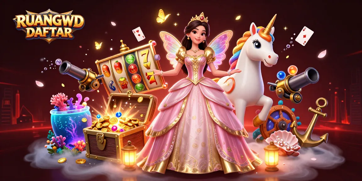 Engage in thrilling gameplay at RUANGWD DAFTAR with vibrant casino elements and fantasy characters.
