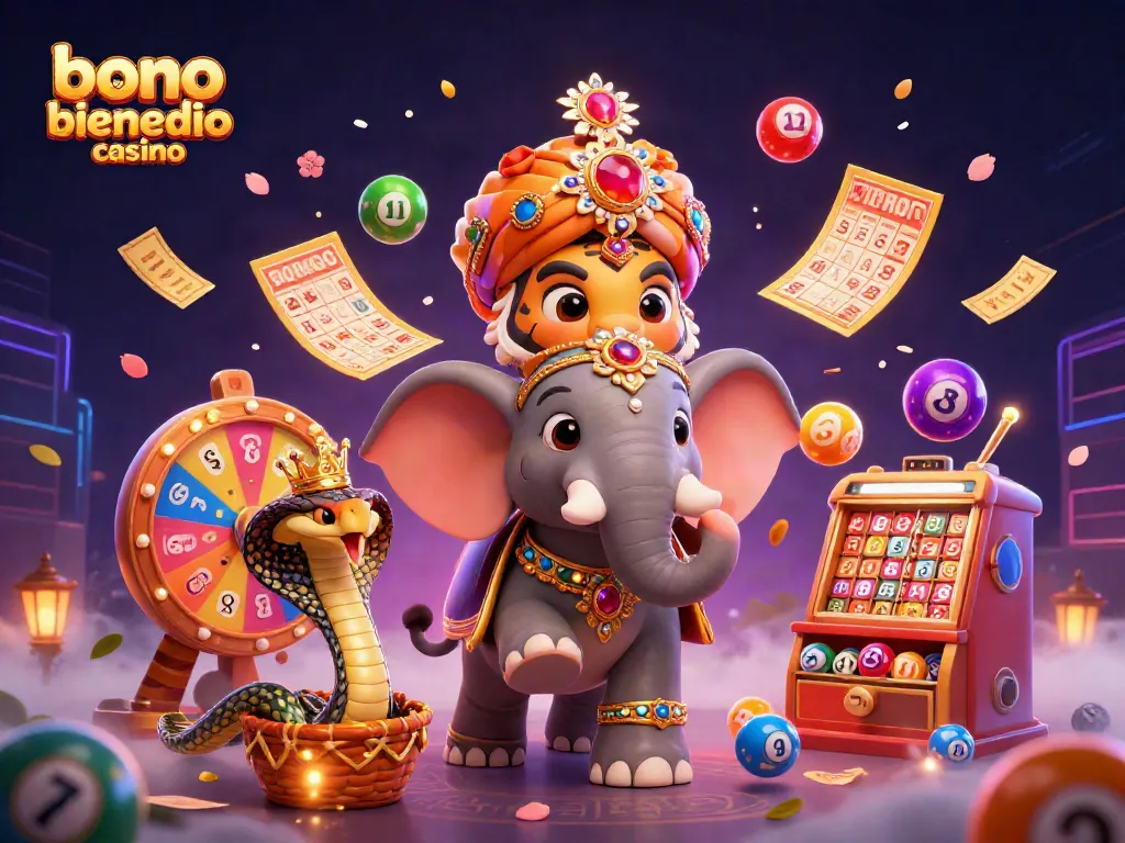 Bono de bienvenida casino destaca en una ilustración vibrante de personaje con máquinas tragamonedas y premios.