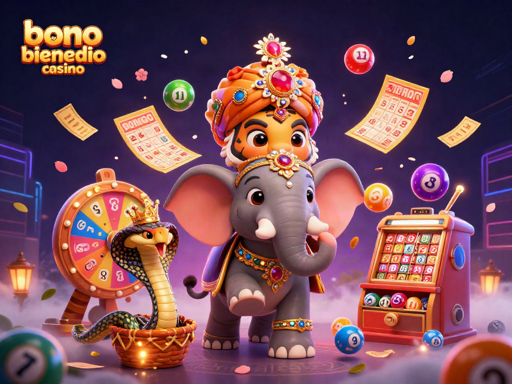Bono de bienvenida casino destaca en una ilustración vibrante de personaje con máquinas tragamonedas y premios.