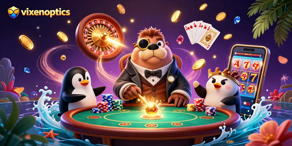 Vixenoptics showcases a whimsical underwater casino scene with a walrus, penguin, and pufferfish players having fun.