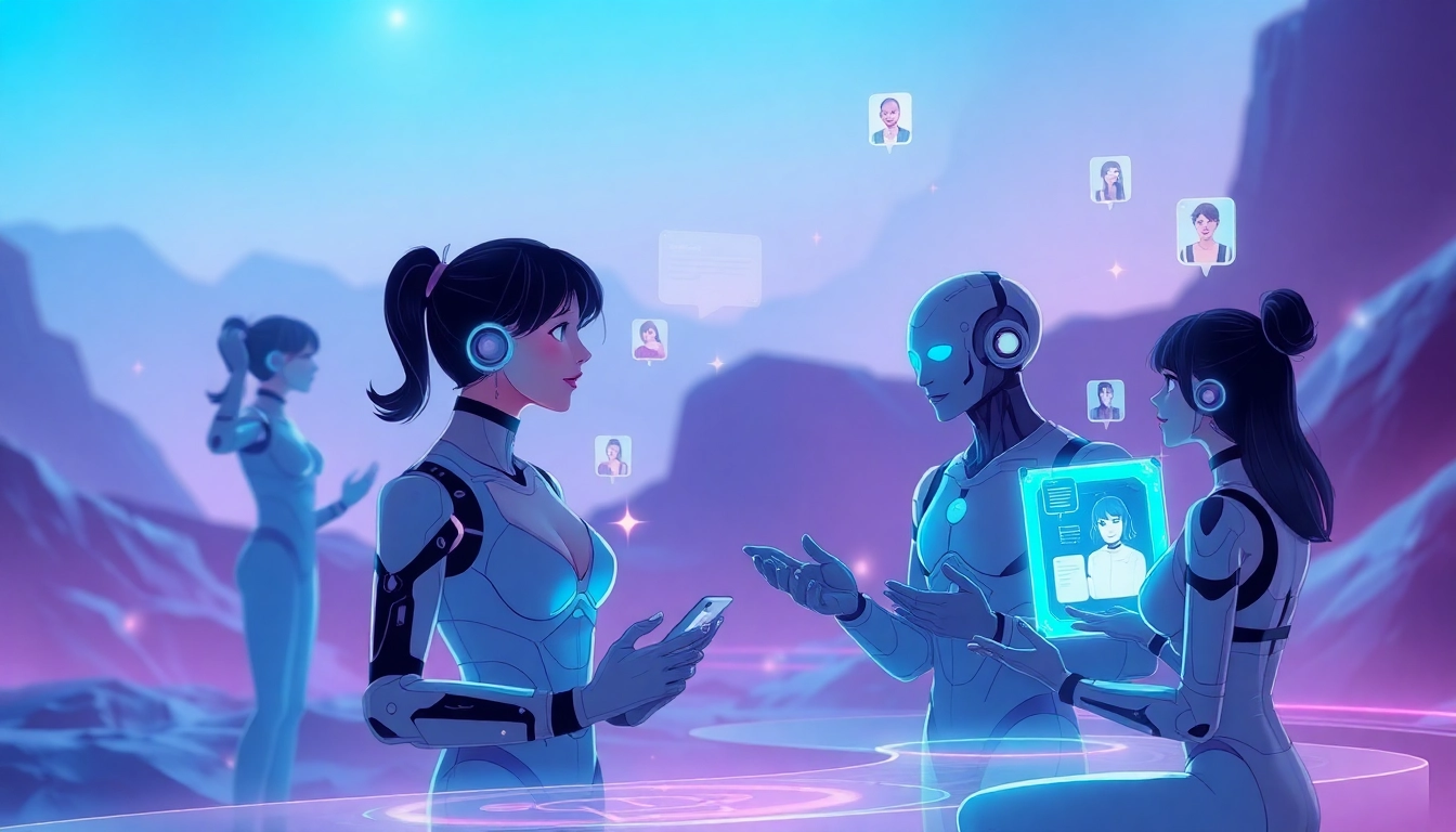 Immersive scene of NSFW AI chatbots interacting with users in a futuristic digital setting.