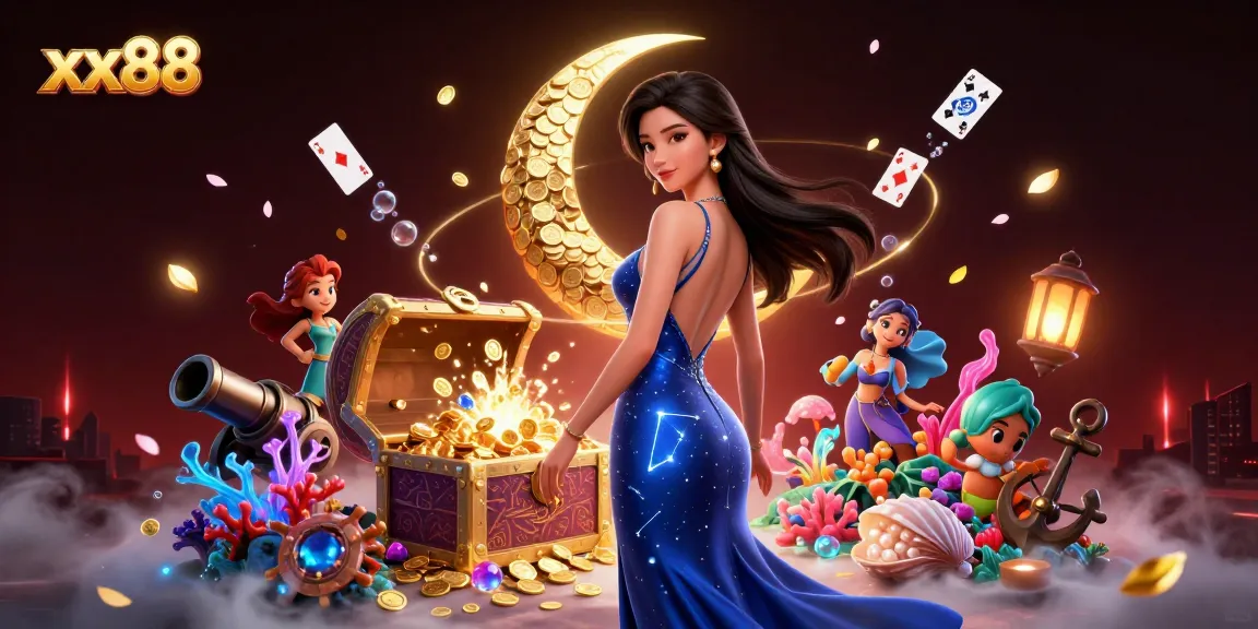 Play exciting games at xx88 with stunning visuals featuring an elegant character and vibrant casino elements.