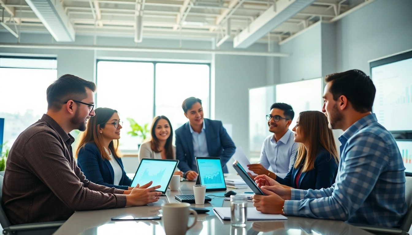 Collaborative digital marketing company team strategizing in a modern office.