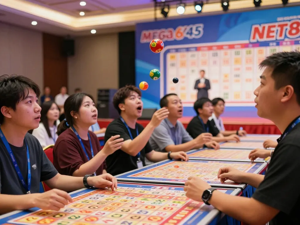 Mega 6/45 NET88 lottery drawing with players excitedly watching the number reveal in a vibrant atmosphere