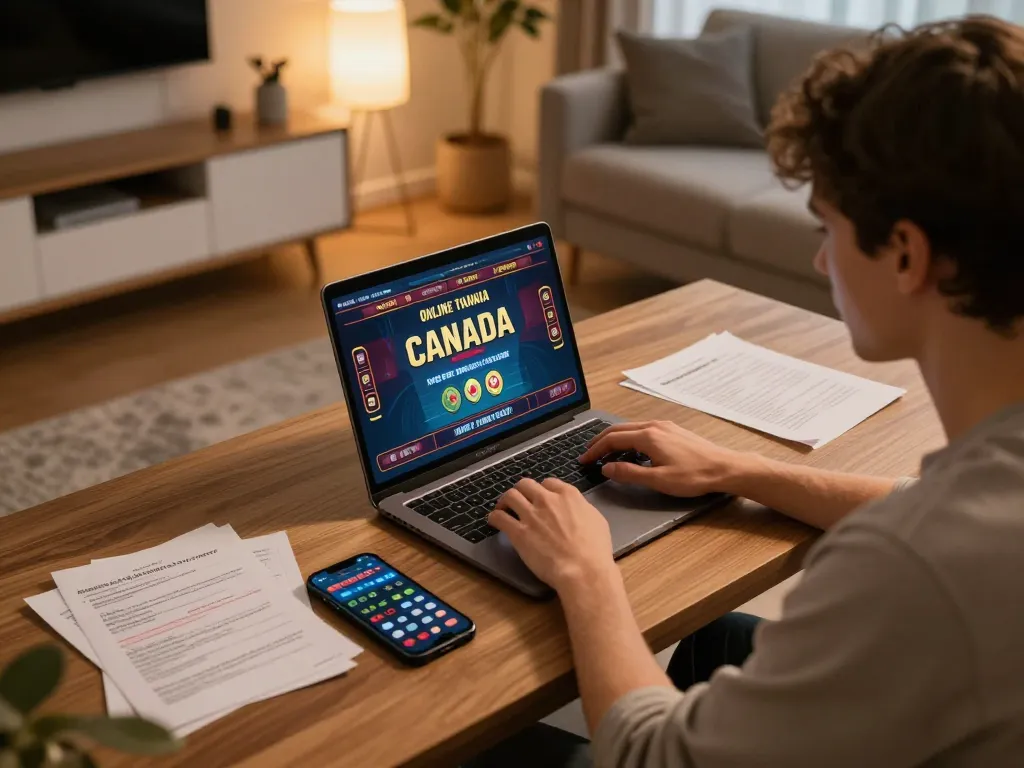 Engaging in online casinos Canada gaming from a cozy home setup with notes and smartphone.