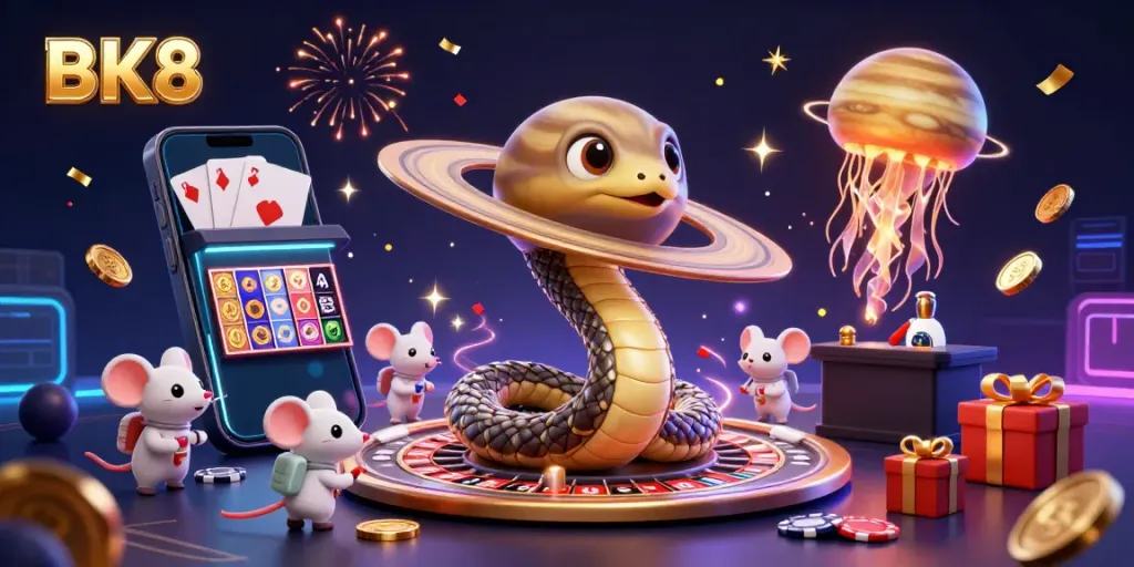 Engage with BK8's vibrant gaming world as astronaut mice bet on Saturn's roulette, led by a cosmic jellyfish dealer.