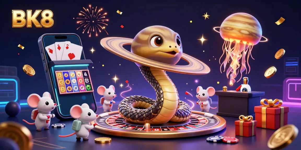 Engage with BK8's vibrant gaming world as astronaut mice bet on Saturn's roulette, led by a cosmic jellyfish dealer.