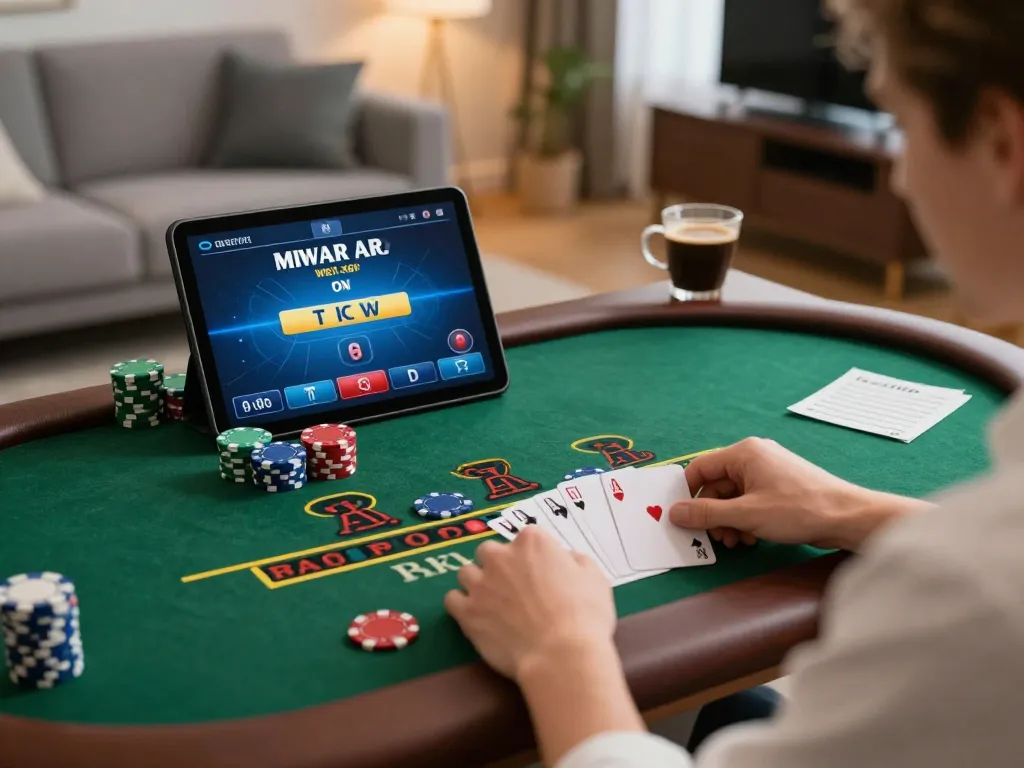 Player enjoying macantogel online blackjack game on tablet while strategizing with notes