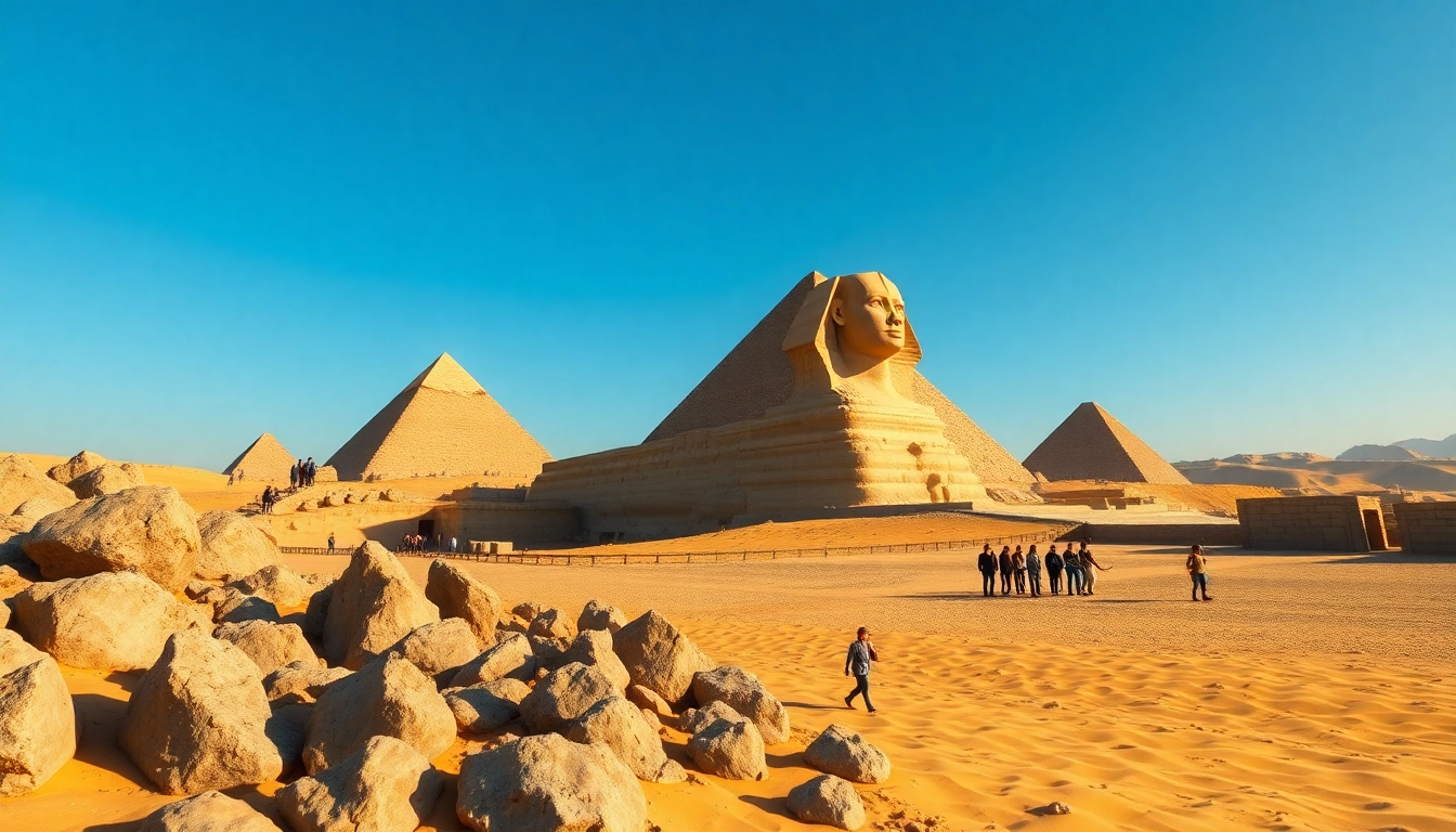 Pyraminds illuminating under a bright sky with tourists exploring the majestic complex.
