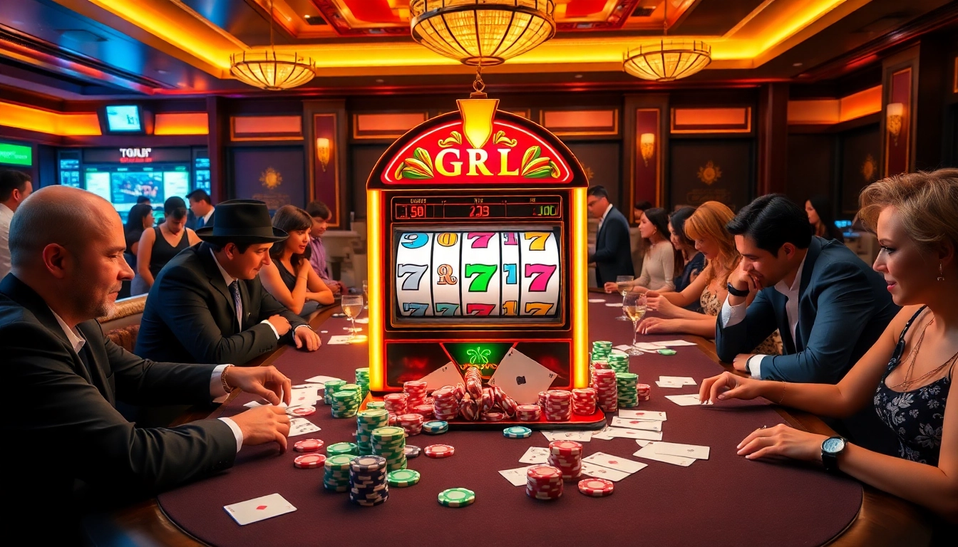 Engage with the gori77 slot machine surrounded by poker chips and cards on a luxury casino table.