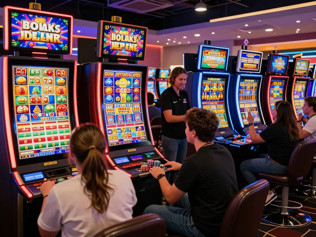 Momen menarik di kasino situs slot gacor dengan pemain yang menang dan mesin slot yang berwarna-warni.