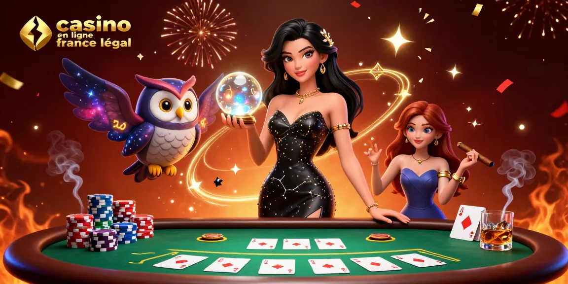 Plongez dans le monde vibrant des jeux de casino dans cette scène de casino en ligne france légal mettant en vedette une femme mystique et une chouette.